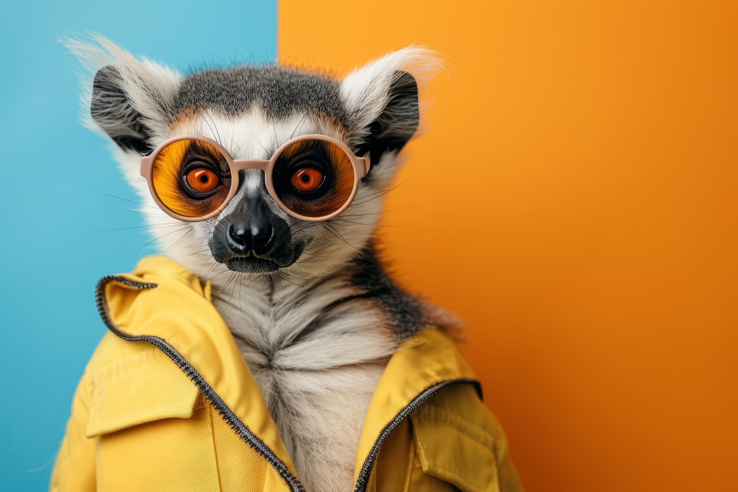 Image of stylish Lemur in trendy sunglasses and outfit looking at camera against two colored background, Copyspace